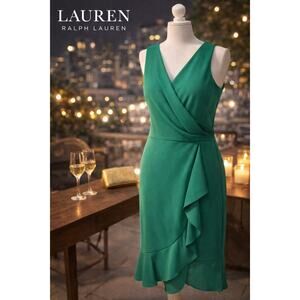 Lauren Ralph Lauren Green Wrap Dress Size 8 Sleeveless Ruffle Hem Elegant